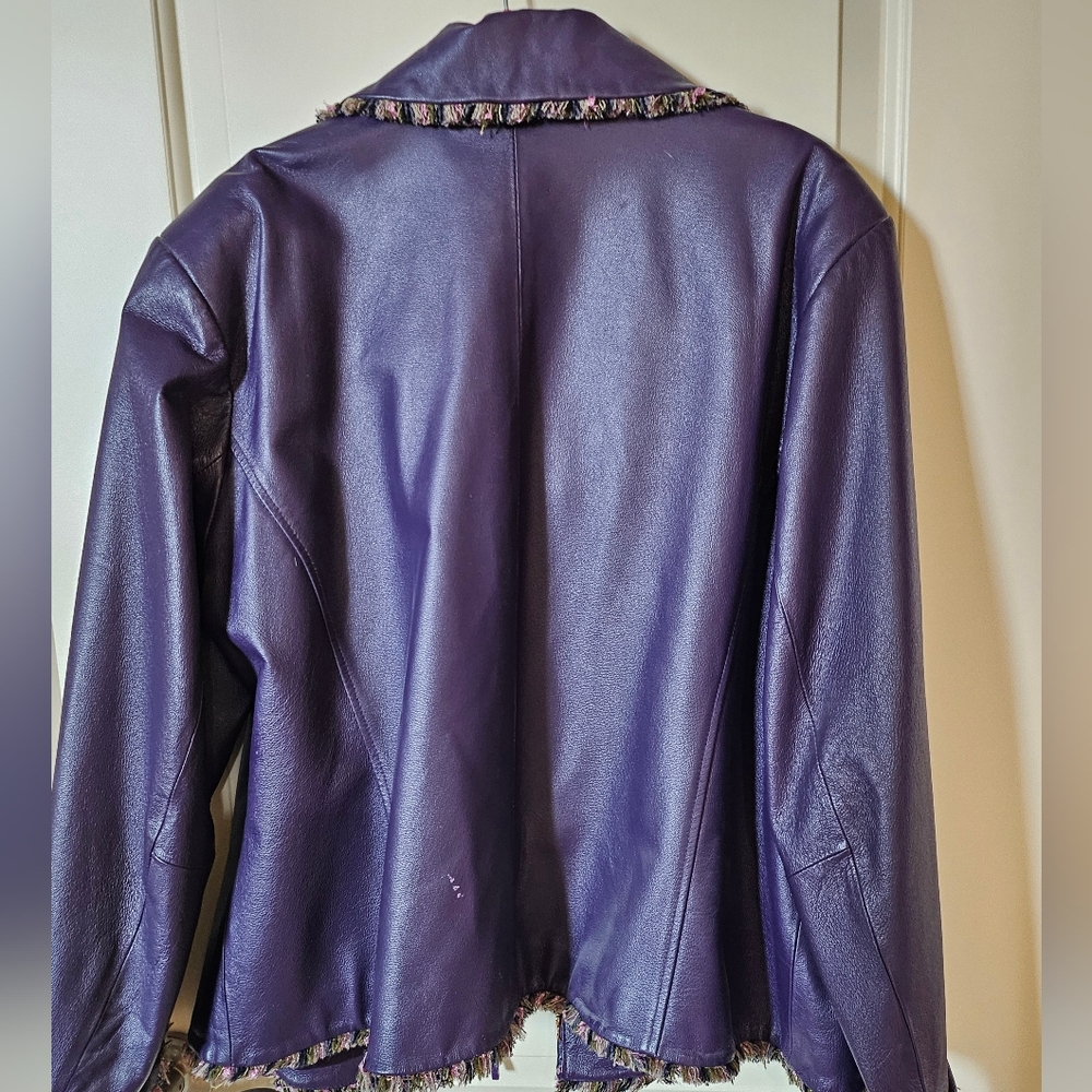 Deep Purple Leather Jacket with Fringe Trim - Picture 3 of 5